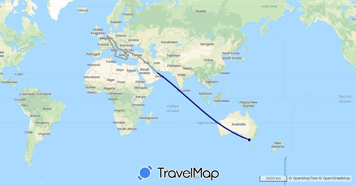 TravelMap itinerary: driving, plane in United Arab Emirates, Austria, Australia, Greece, Croatia, Italy, Netherlands, Slovenia, Turkey (Asia, Europe, Oceania)